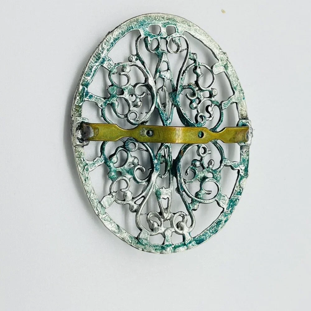 Vintage Belt Buckle Silver Tone Filigree Oval Western Scroll Design